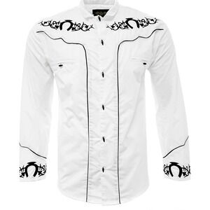 El General Mens XL White Western Shirt Black Horseshoe Embroidery Pearl Snap